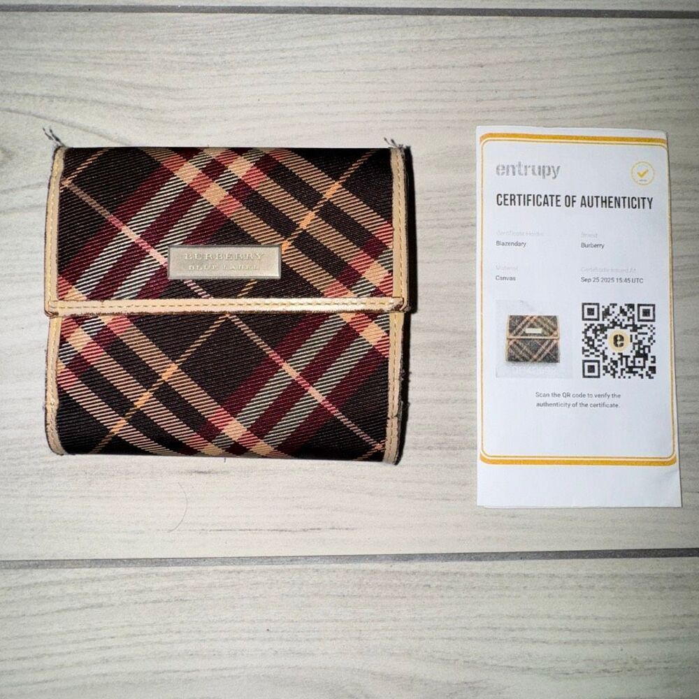 Burberry Blue Label tri-fold wallet in‎ a burgundy and tan plaid pattern
